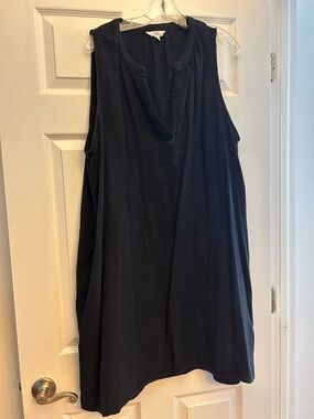 Sleeveless Black V-Neck Women's Lightweight Cotton Linen Dress with Pockets XXL